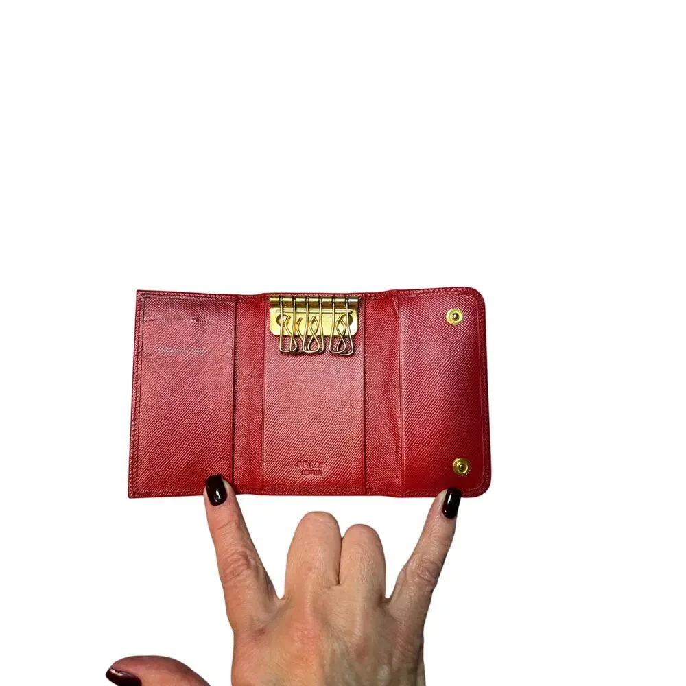Prada Saffiano Red Leather Ribbon 6 Key Holder Wallet Case w/ Logo – Italy